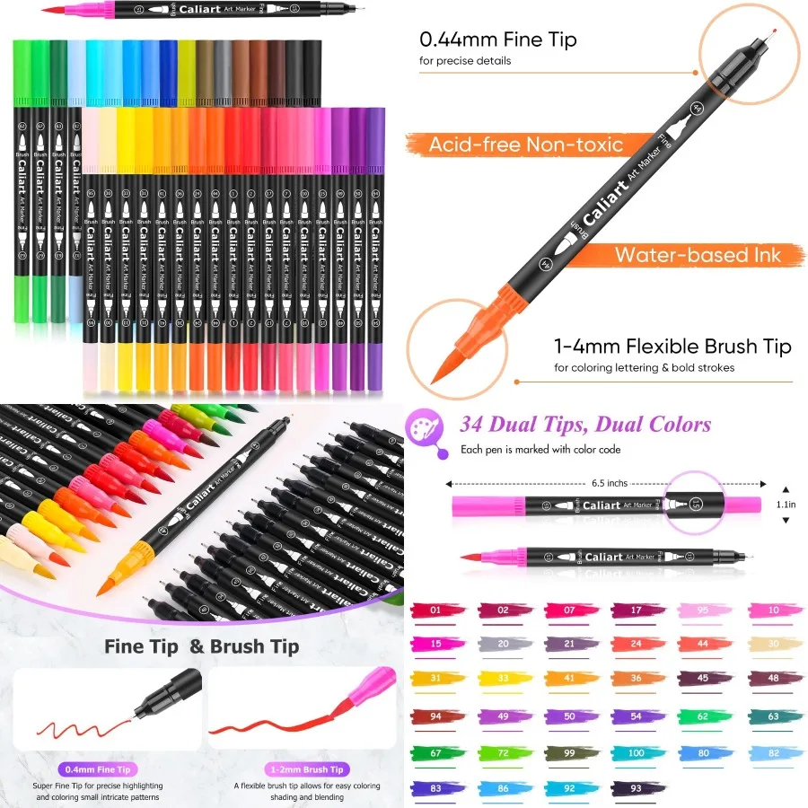

Caliart 34, ручки-кисть с двойным наконечником, художественные маркеры для взрослых, книжки-раскраски, карты, рисования и ремесленные проекты, тонкие наконечники-кисти, идеально подходят для