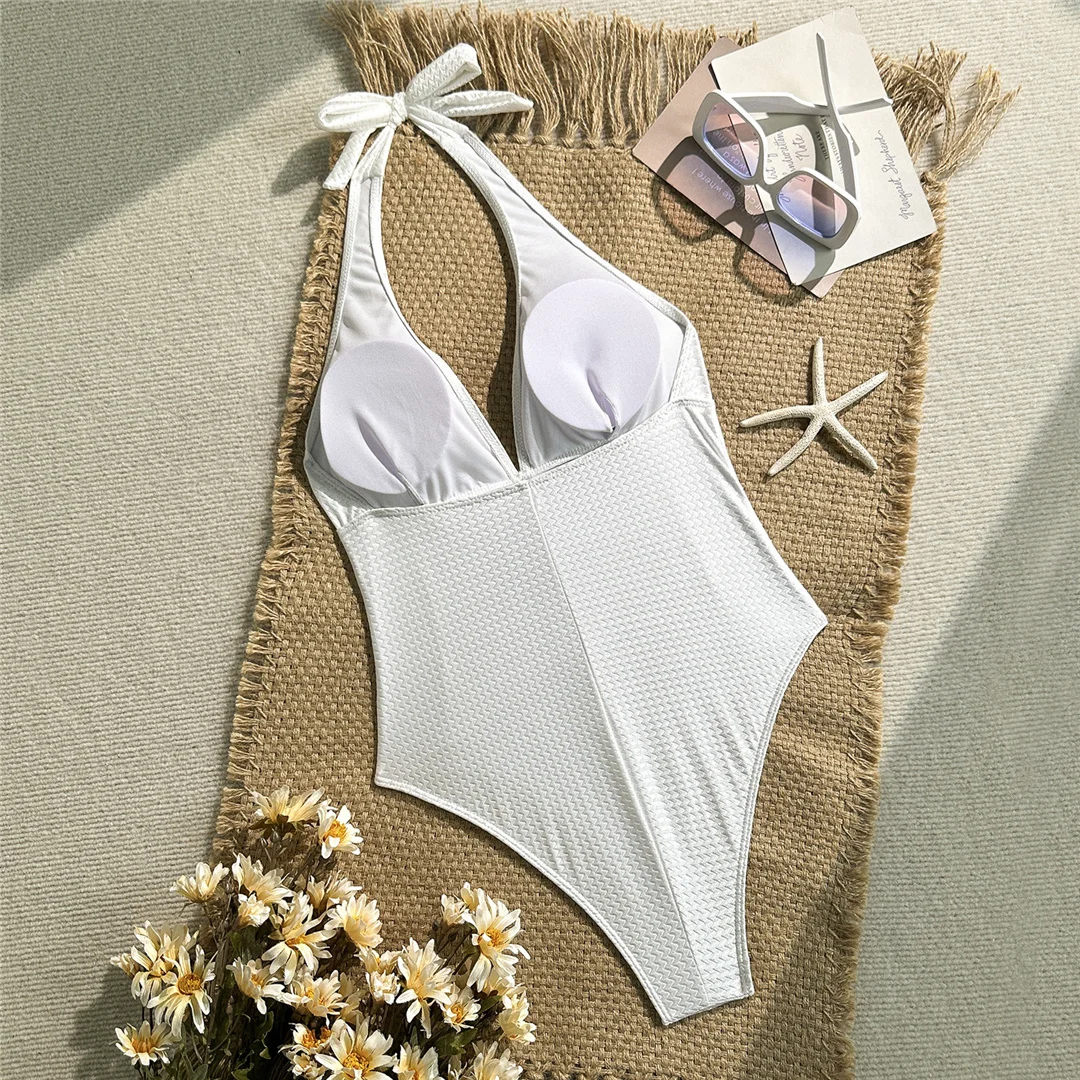 V-Ausschnitt, Neckholder, geraffter Einteiler-Badeanzug, Damen-Bademode, rückenfreier Monokini, hoher Beinausschnitt, Badeanzug, Badebekleidung, V7568 – Detail 15