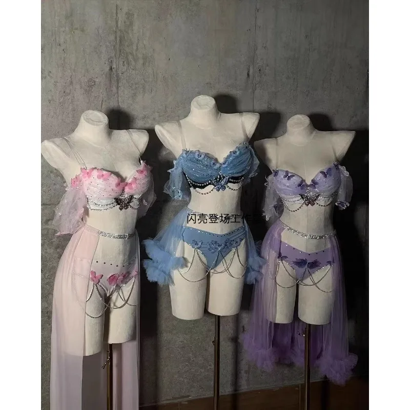 

Женское трехцветное платье из трехцветной пряжи для ночного клуба GOGO по индивидуальному заказу, сексуальное вечернее платье с жемчугом в стиле знаменитостей DS