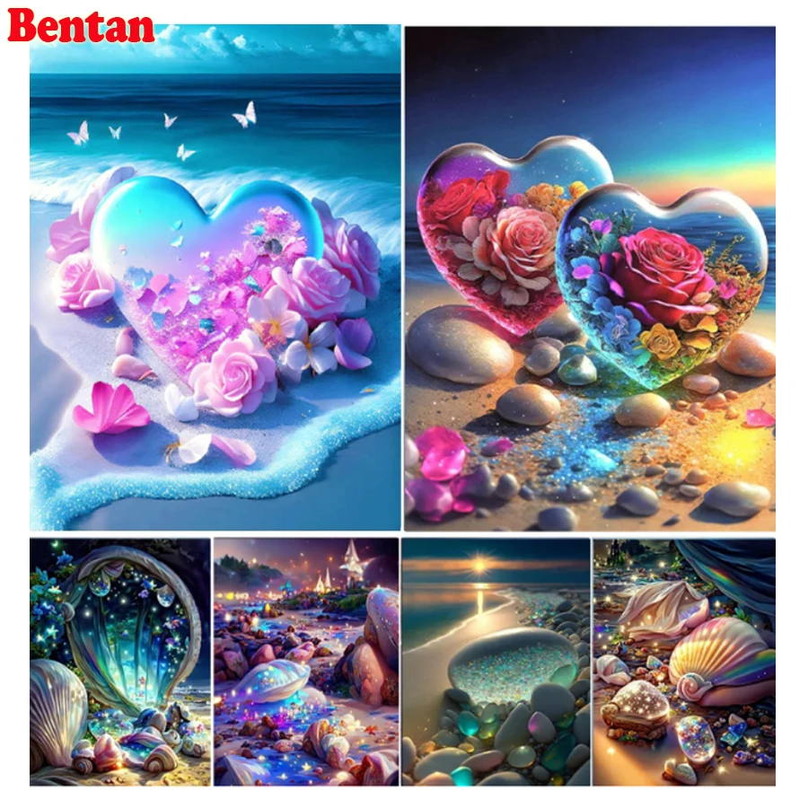 

5D DIY Love Heart Diamond Painting Landscape Sea Shell Seaside Scenery Full Round Diamond Embroidery Mosaic Cross Stitch Kits