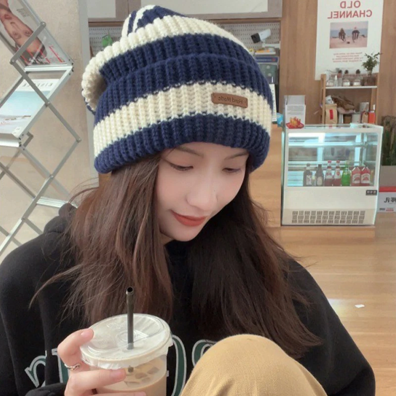 الشتاء قبعة تدفئة المرأة عادية مكدسة قبعة صغيرة محبوكة قبعة رجالية مخطط الهيب هوب للجنسين المرأة قبعة تسلق الجبال وشاح #2