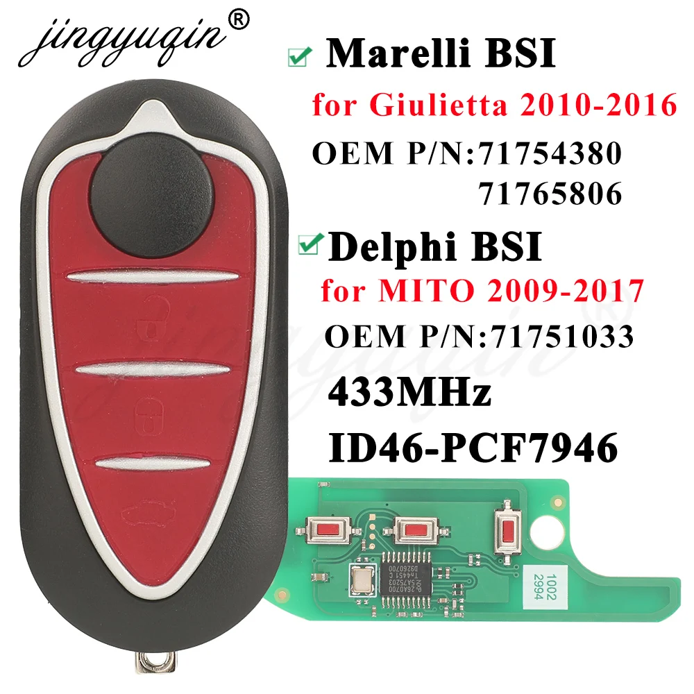 Jingyuqin Fernbedienungs-Klappschlüssel mit 3 Tasten für Alfa Romeo 147 159 Mito GTA 2009-2017 Giulietta 2010-2016 433Mhz ASk ID46-PCF7946