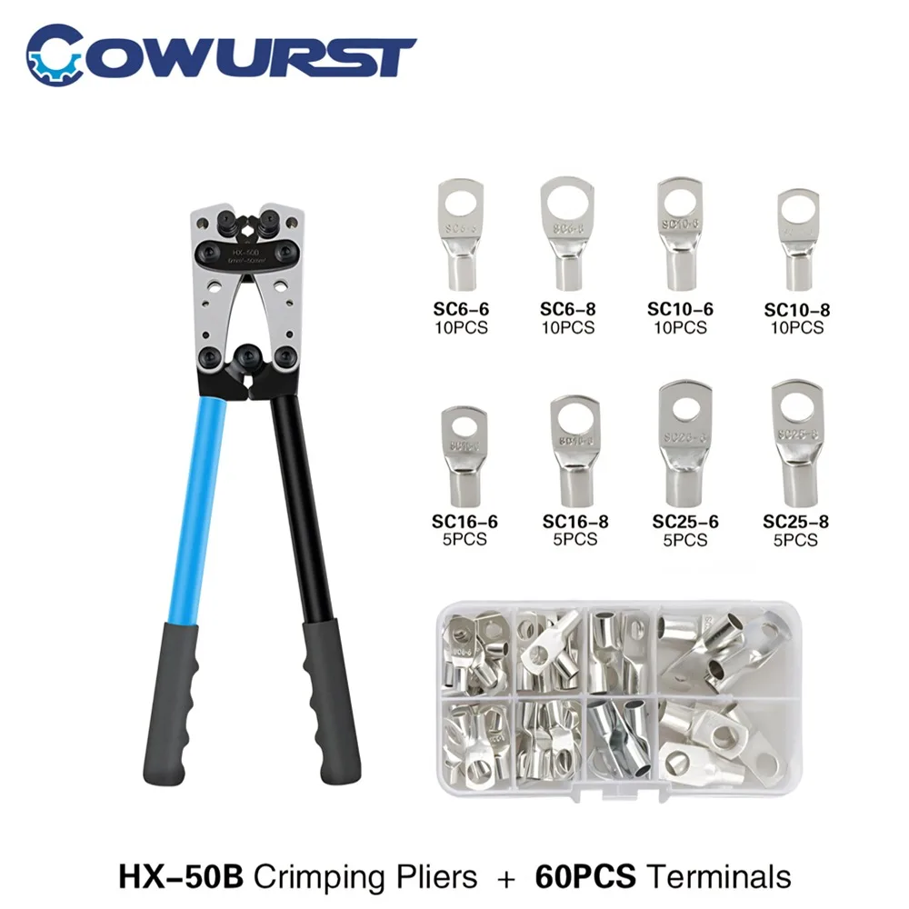 

Клещи для обжима больших проводов HX-50B, прочный ручной инструмент для электрической проводки, диапазон обжима 6-50 мм2