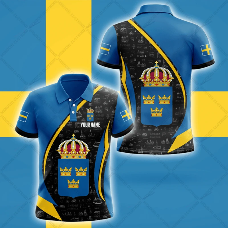 Custom Name Sweden Flag Skull Graphic Polo Shirt Summer Casual Men's Fashion Loose Cool Soft Jersey Outdoor Fast Dry Streetwear