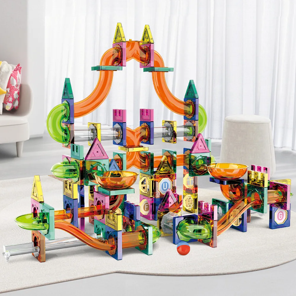 หน้าต่างสีแม่เหล็กชิ้นท่อแม่เหล็กเด็กสไลด์บอลMagnetic Building Block Track Splicingของเล่น