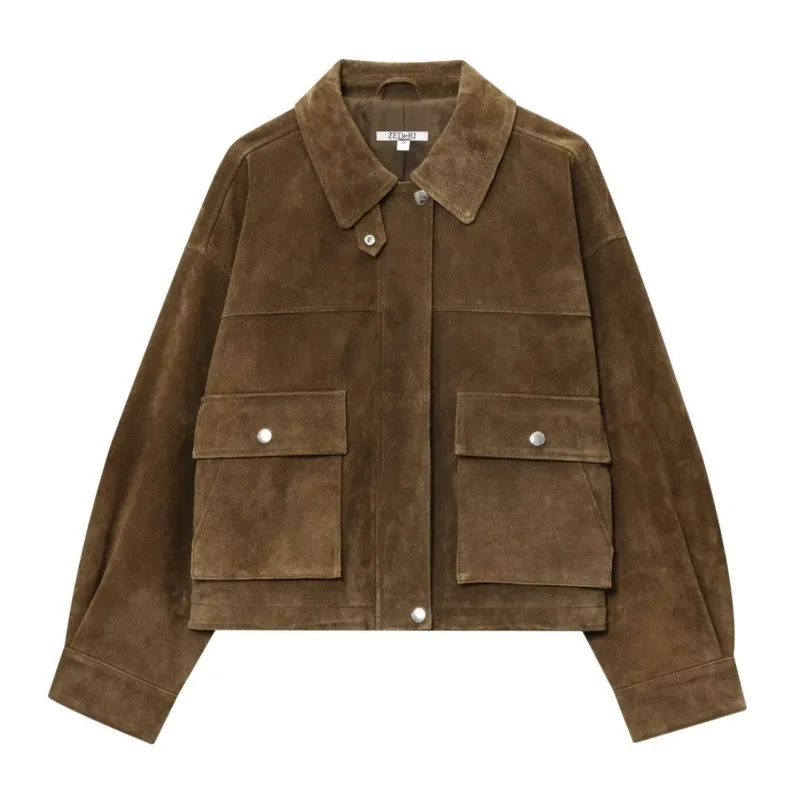 

Women's Brown Suede Jackets Casual Loose Lapel Zipper Pockets Long Sleeve Female Coats 2025 Autumn Vintage Lady Commute Outwear