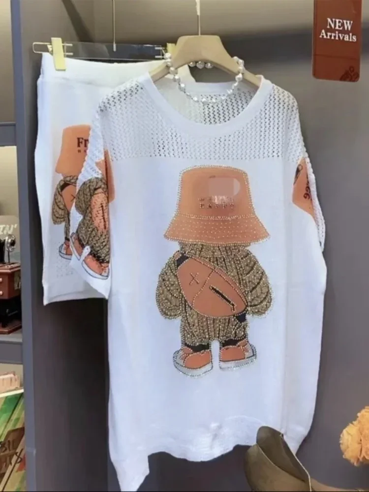 Cartoon Rhinestone wydrążone z okrągłym dekoltem krótki rękaw t-shirt spodenki dwuczęściowy zestaw damski 2023 letni luźny zestaw rekreacyjny dla