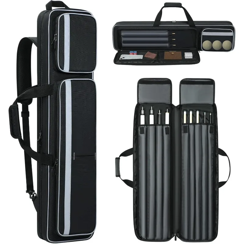 Pool Cue Carrying Case Soft Padded Billiard Stick Bag with Multi-pocket for 4 Butts and 5 Shafts, Pool Stick Case with Shoulder