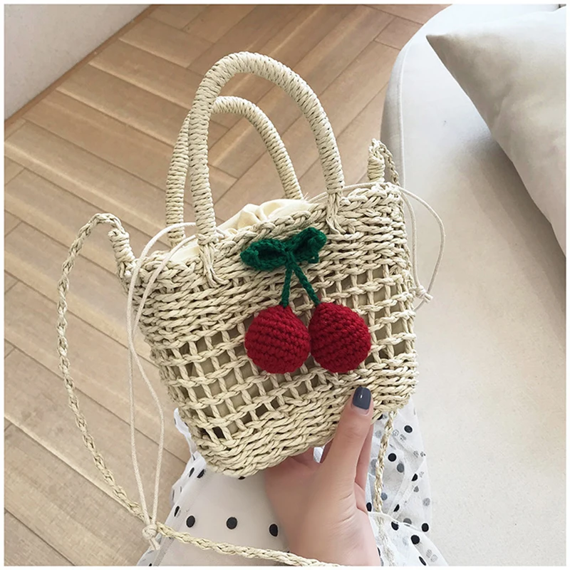 Multi style Straw Bag Handmade summer woven women's shoulder bagNew style cherry grass woven bag for women lovely beach bag