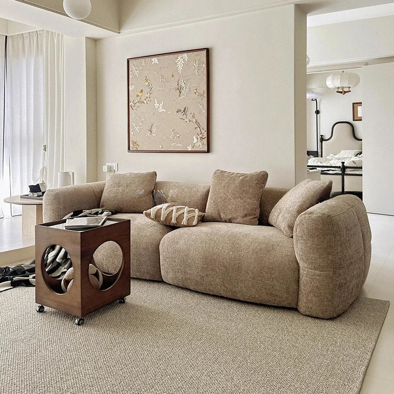 

Cream wind big white cotton linen fabric sofa retro style small apartment living room Internet celebrity straight row flannel