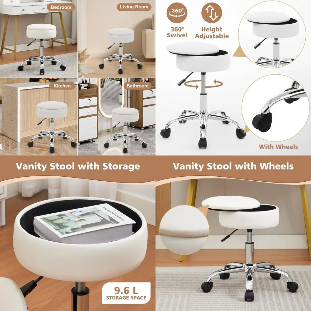 

White Rolling Swivel Vanity Chair with Storage for Makeup, Adjustable Height