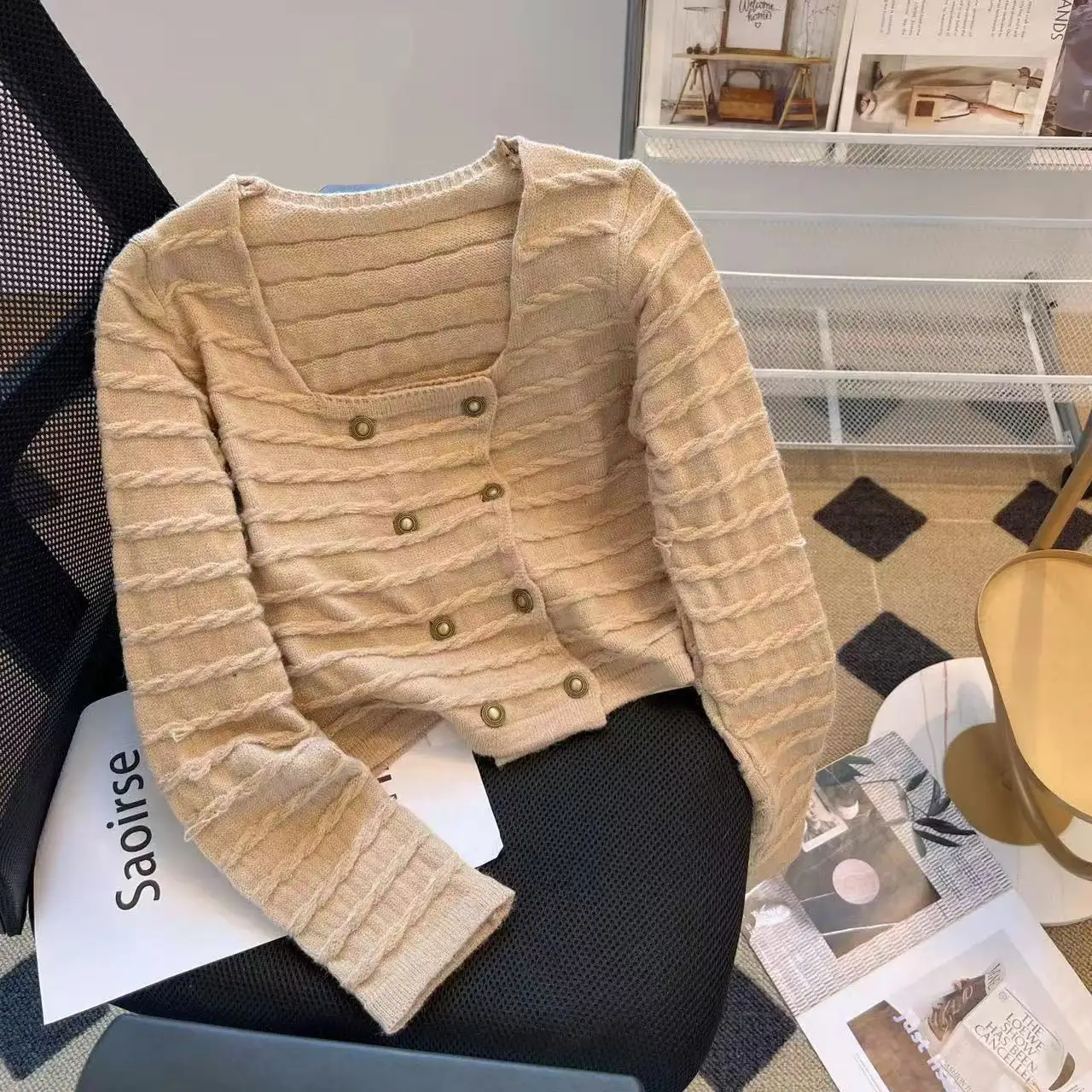 

Женский кардиган цвета хаки с квадратным воротником, свитер в стиле Харадзюку, винтажный свитер 2000-х годов Y2k с длинным рукавом, мягкий уютный укороченный кашемировый свитер, осень 2025 г.