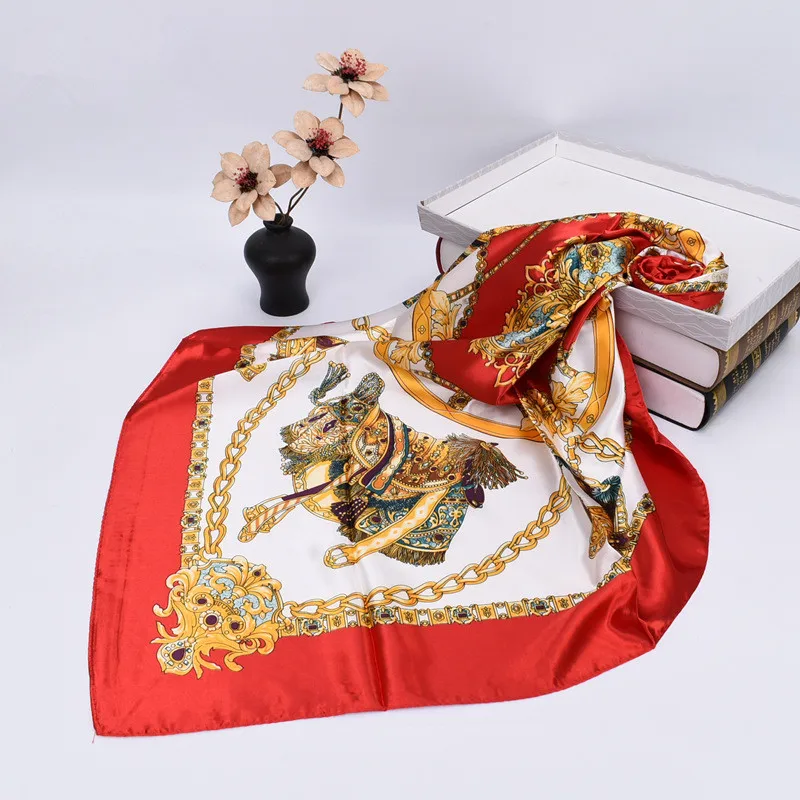 Luxus Seide Schal Quadrat Schal Frauen Drucken Stirnband Foulard Satin Hijab Haar Bands Halstuch Weibliche Kopf Wraps Bandana 90 cm – Detail 7