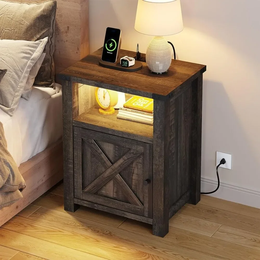 End Side Table With Storage Cabinet Nightstand With Charging Station & LED Lights Home Furniture Bedside Bedroom Freight free