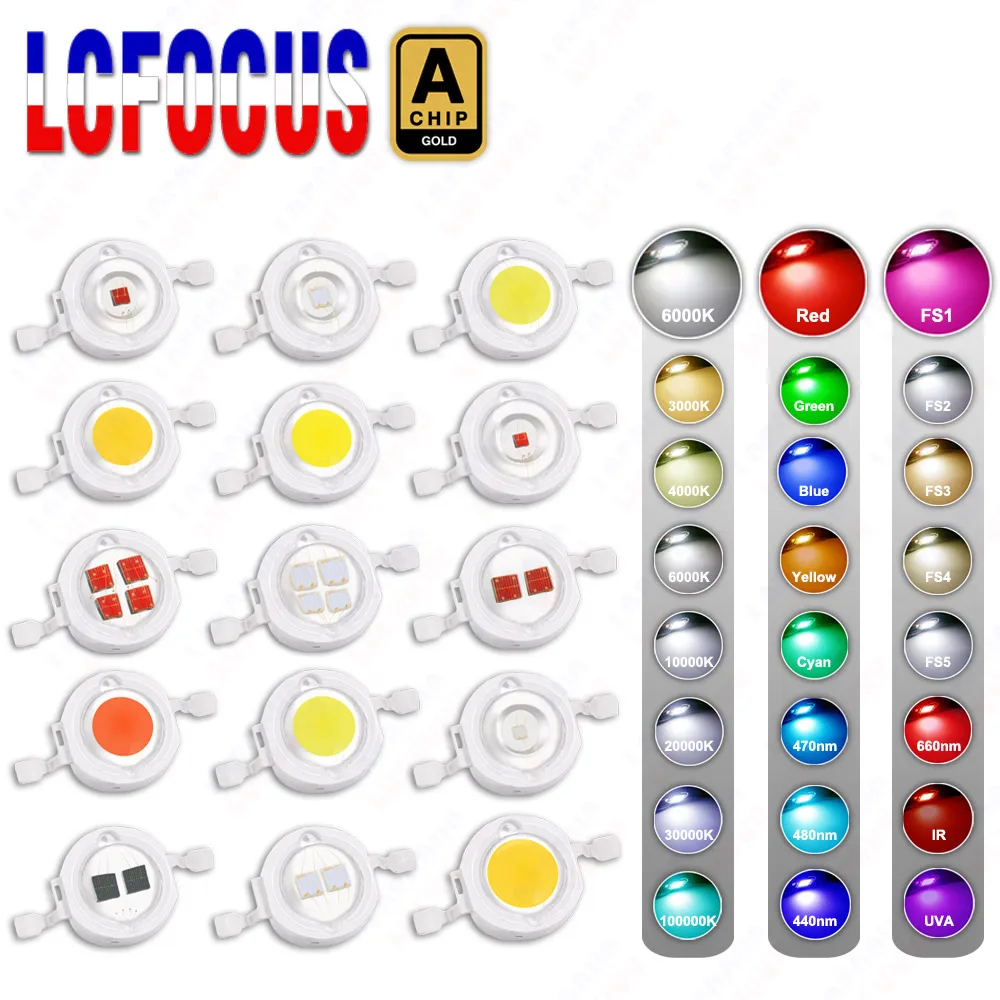 Wysokiej jakości chip LED 1W 3W 5W ciepła biel naturalna biel zimna biel czerwony zielony niebieski żółty pełne spektrum 440nm 660nm dla reflektorów oświetlenie do uprawy oświetlenie do akwarium reflektor żarówka LED