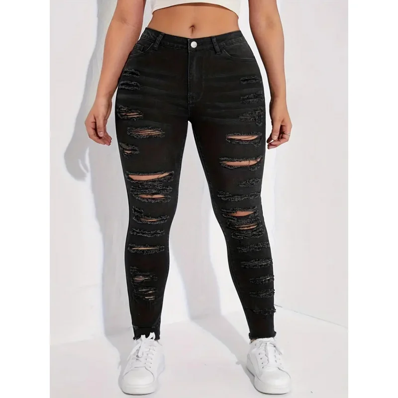 Cross-Border European and American plus Size Black Ripped Skinny Pants Stretch Pencil PantsTEMUAmazonSHEINSpot Foreign Trade