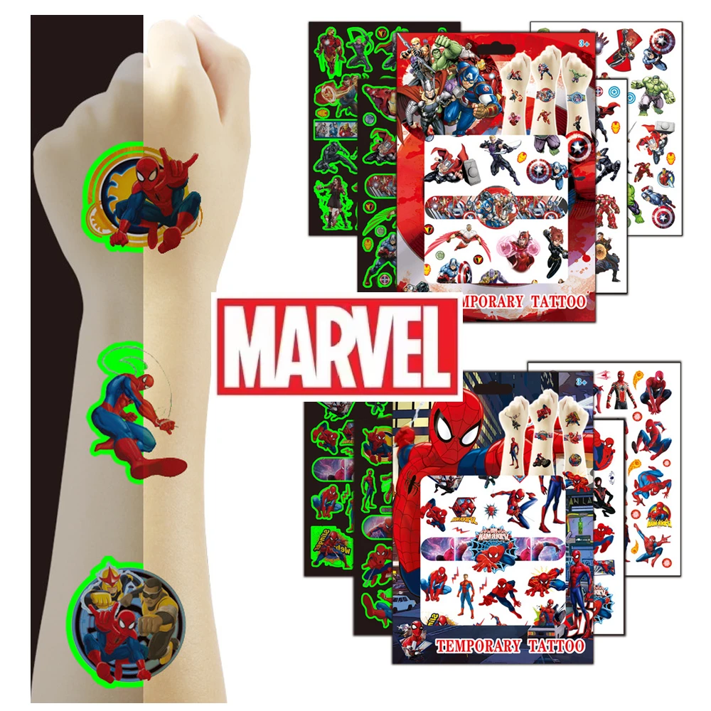 

4Pcs/set New Marvel Luminous Iron Man Tattoo Stickers Waterproof Spider Man Sticker For Birthday Party Supplies Decoration