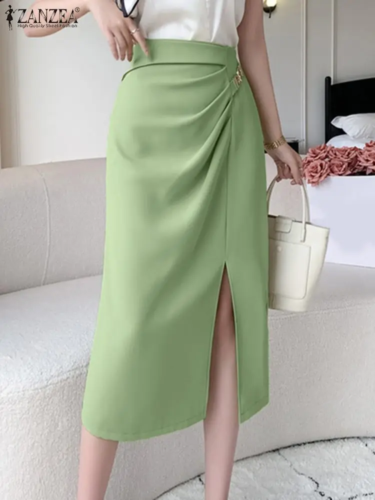 

ZANZEA 2024 Summer Skirts Elegant Women OL Work Skirt High Waist Officewear Faldas Saia Solid Pleated Robe Femme Party Vestidos