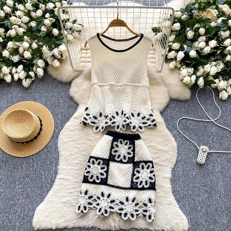 

Women Outfits Solid Short Sleeves Knitted Cardigan and Elegant Skirts Two-Piece Set Fashion Casual Buttons Suit Summer