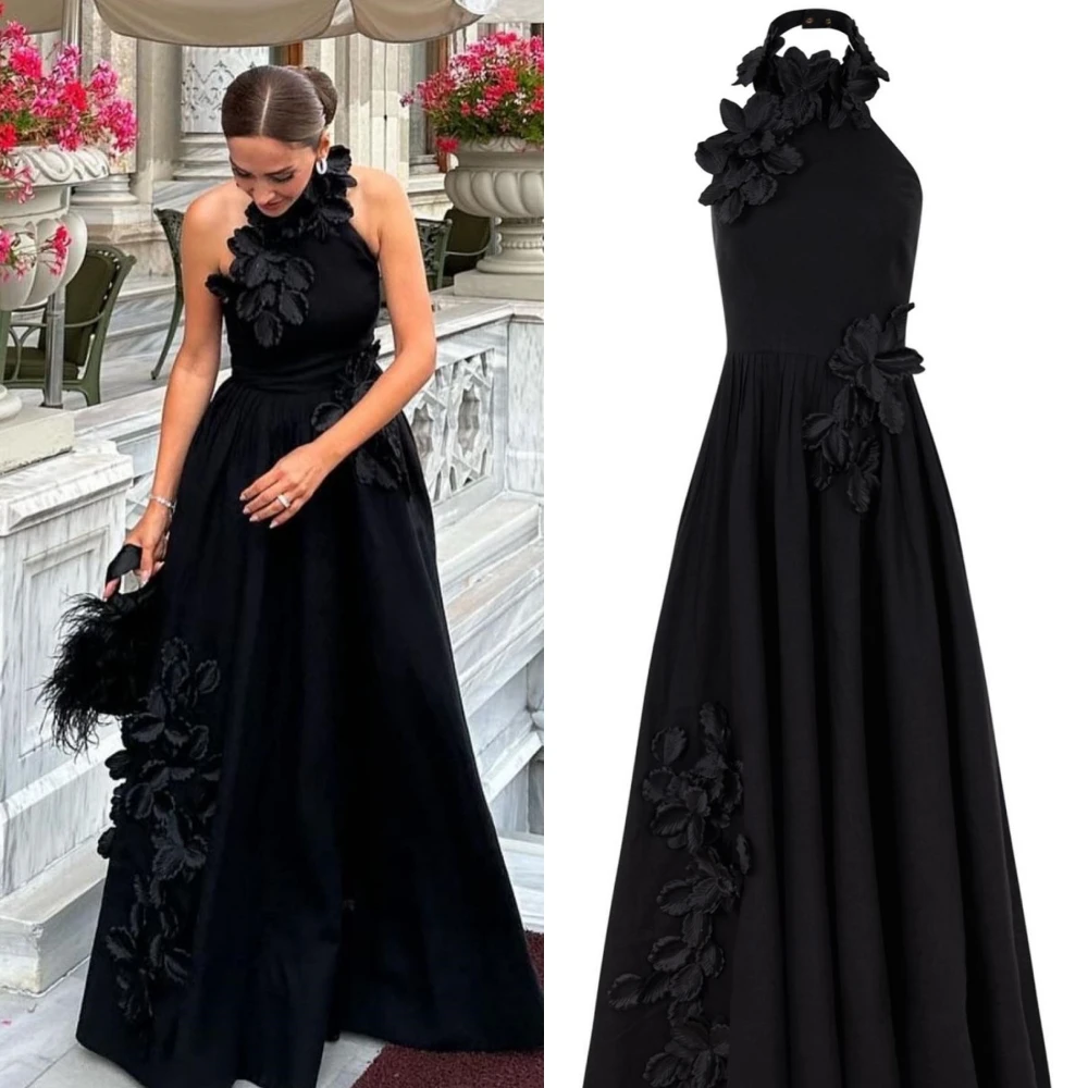 Customized High Quality  Exquisite Halter A-line Flowers Floor-Length Satin Bespoke Occasion Dresses Evening