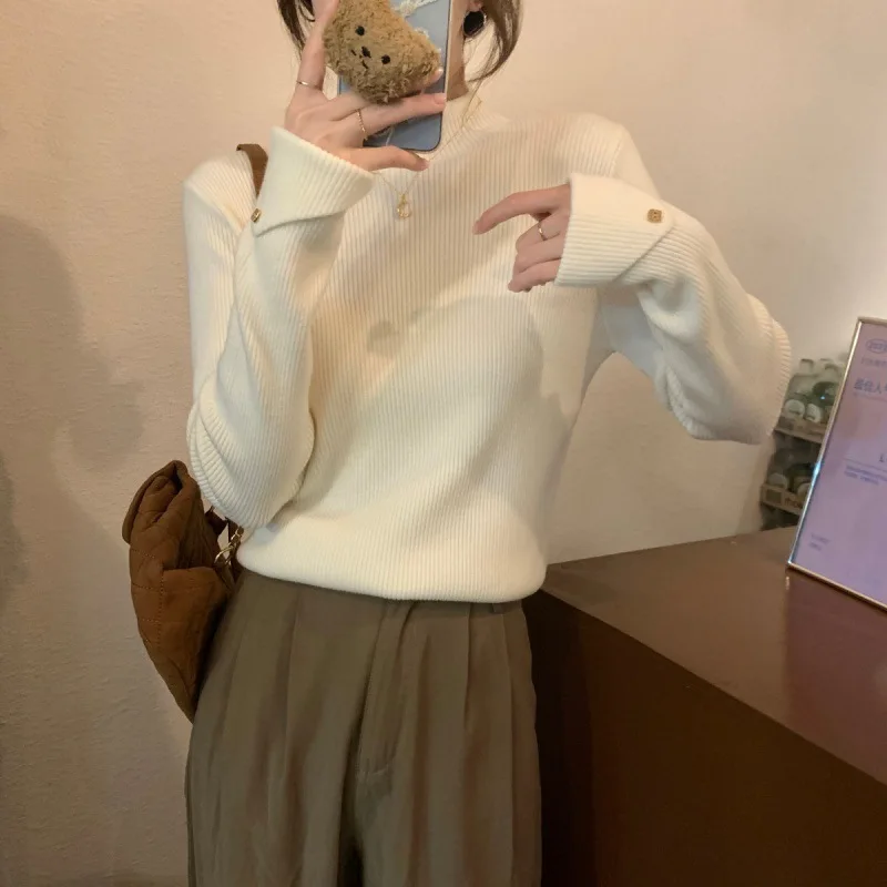 

Карамельная вязаная базовая кофта для женщин: стильный топ с воротником-стойкой, облегающий, для ношения под одеждой, осень-зима, новинка, повседневный стиль