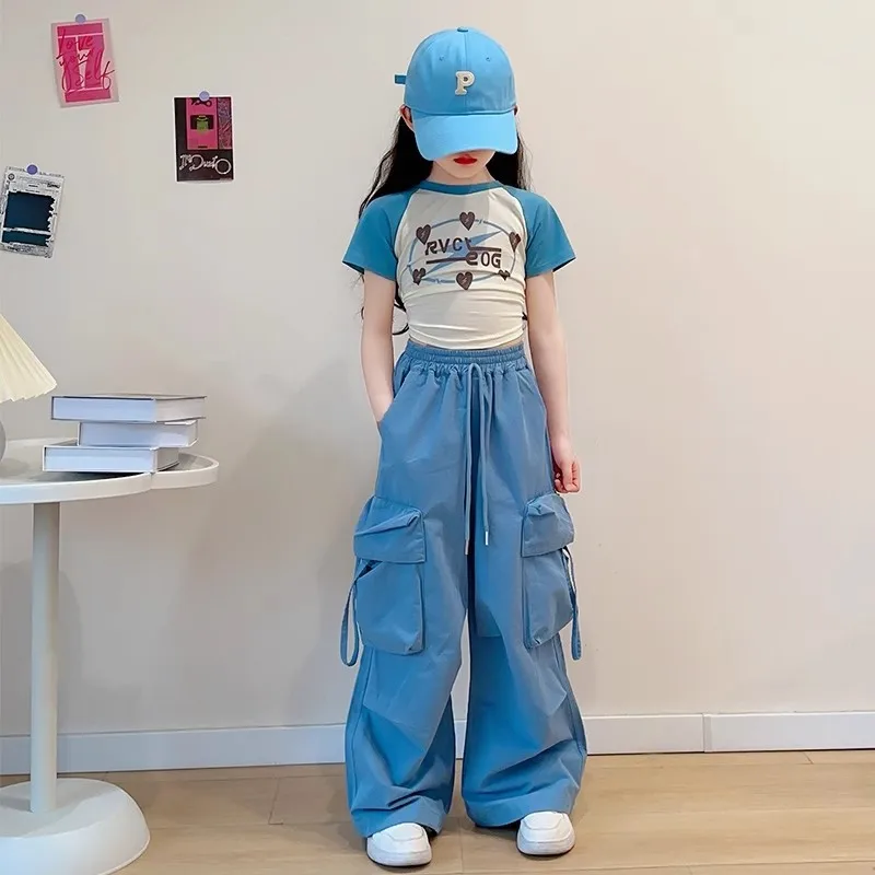 

Spring Summer New Solid Color Straight Wide-leg Pockets Pants For 5-14 Years Kids Fashion Loose Trousers Teen Girls Cargo Pants