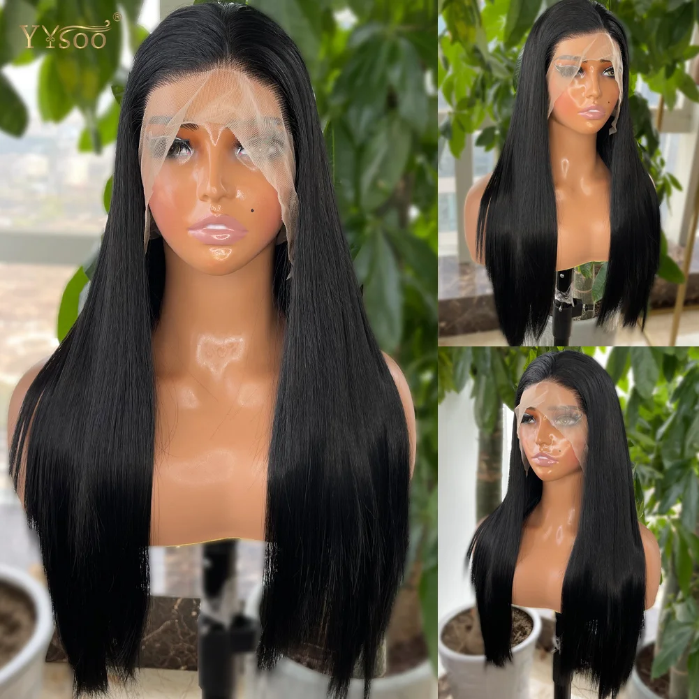 YYsoo 1# Long Silky Straight Dark Black Synthetic Full Lace Wigs for Women Heat Resistant Japan Futura Hair All Hand Tied Wig