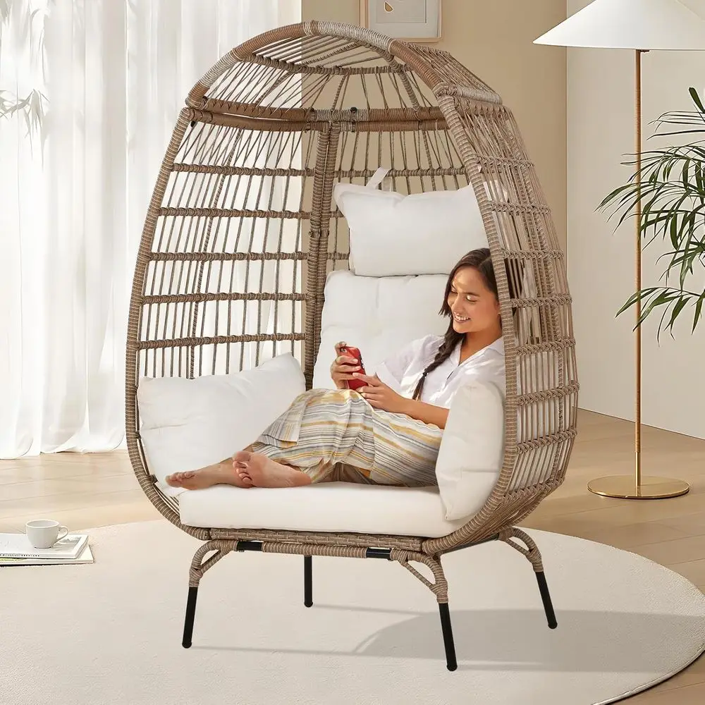 

Oversized Indoor Outdoor Wicker Egg Chair with 4 Cushions for Patio, Garden, Living Room (White)