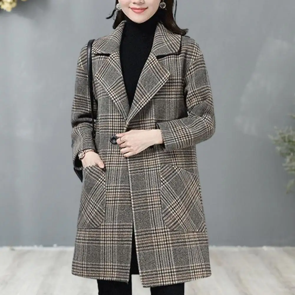 

Women Jacket Plaid Print Windproof Overcoat Stylish Mid Length Jacket for Women Casual Coat