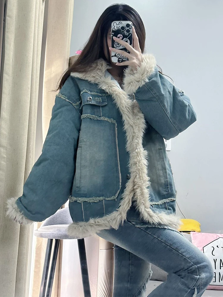 

Зимняя утепленная джинсовая куртка KING BRAND с меховым воротником для женщин, повседневное хлопковое пальто в стиле ретро, свободный крой, длинный рукав, уличный стиль