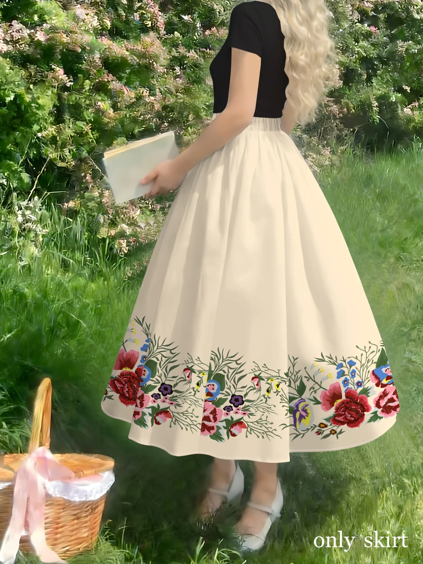 Printed Design Casual Cream Base Side Vintage Colorful Floral Elastic Waist Flared Maxi Skirt