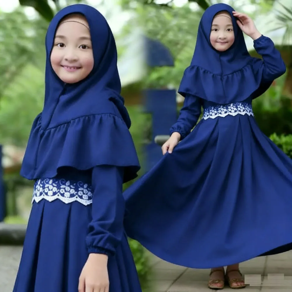 

2Pcs Muslim Ramadan Prayer Dresses Abaya Sets Children Girls Eid Khimar Hijab Arab Kids Long Robe Headscarf Kaftan Gown Caftan