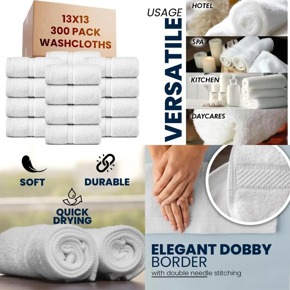 Toallitas de algodón hilado con anillo 100% peinado blanco de 13x13 pulgadas de primera calidad, paquete de 300, toallas de lujo ultrasuaves, altamente absorbentes y a granel para