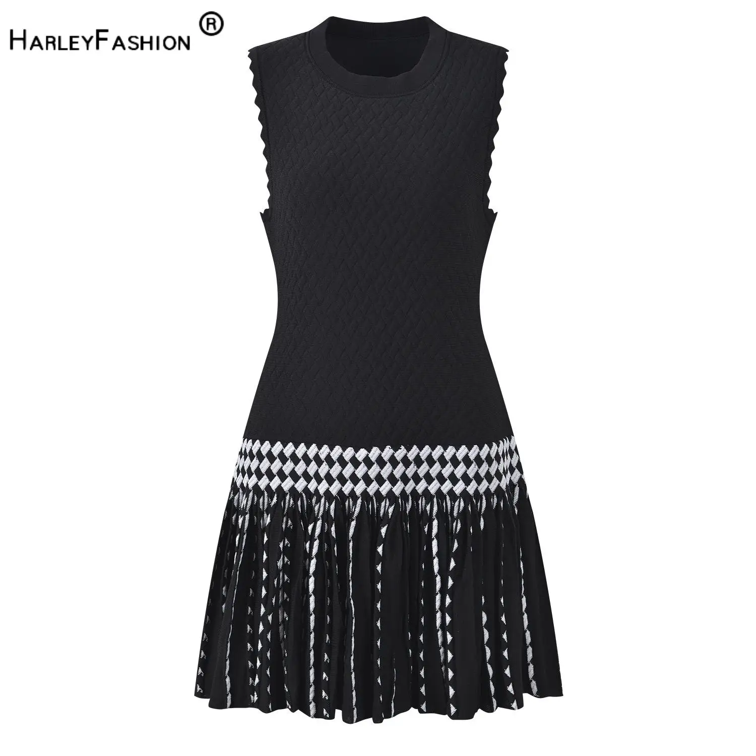 Lady 2026 Autumn Quality Jacquard Colorblock Plaid O-neck Sleeveless A-line Short Mini Knits Dress Women