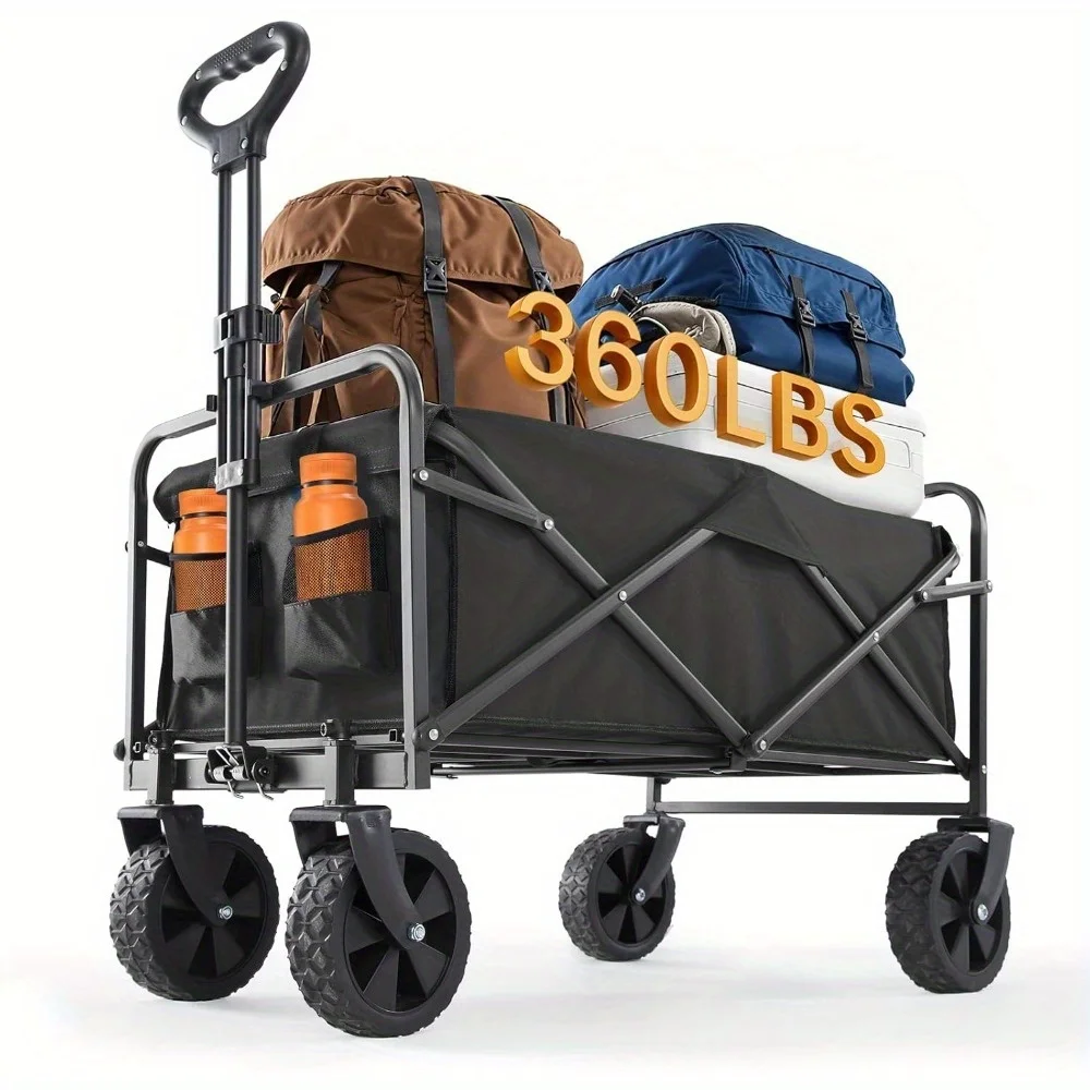 Heavy Duty Portable Foldable Beach Cart with All-Terrain Wheels - Utility Wagon for Outdoor Use with Drink Holders for Groceries