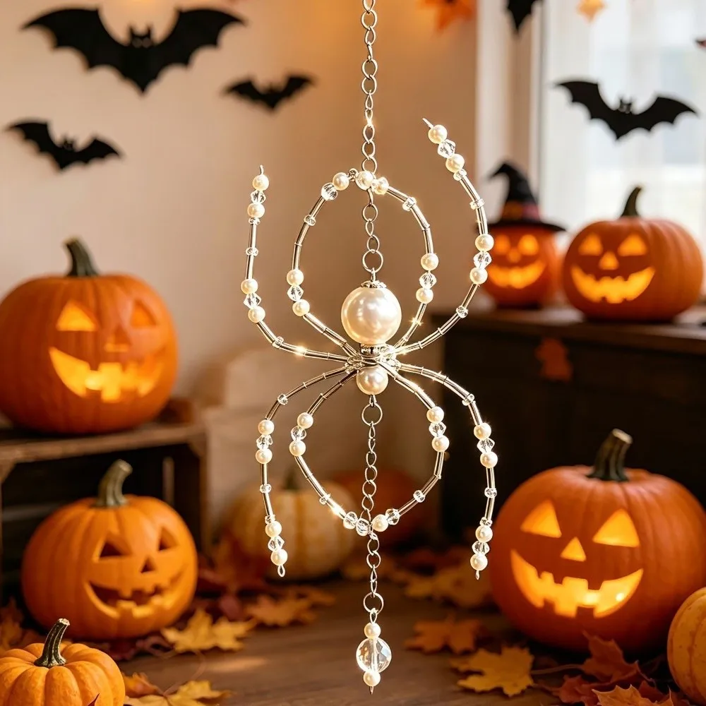 Beaded Spider Hanging Ornament Crystal-Like Faceted Beads Hanging Loop Halloween Spider Decoration Eight-Leg Spider Shape
