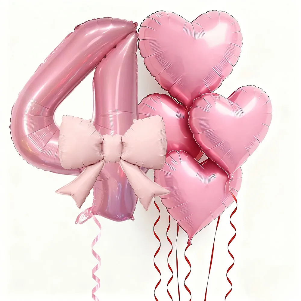 6 Stück rosa Schleifen-Herzballons mit 32 Zoll großen rosa Zahlenfolienballons für Geburtstagsfeiern, Hochzeiten, Verlobungen, Jubiläen, Dekoration
