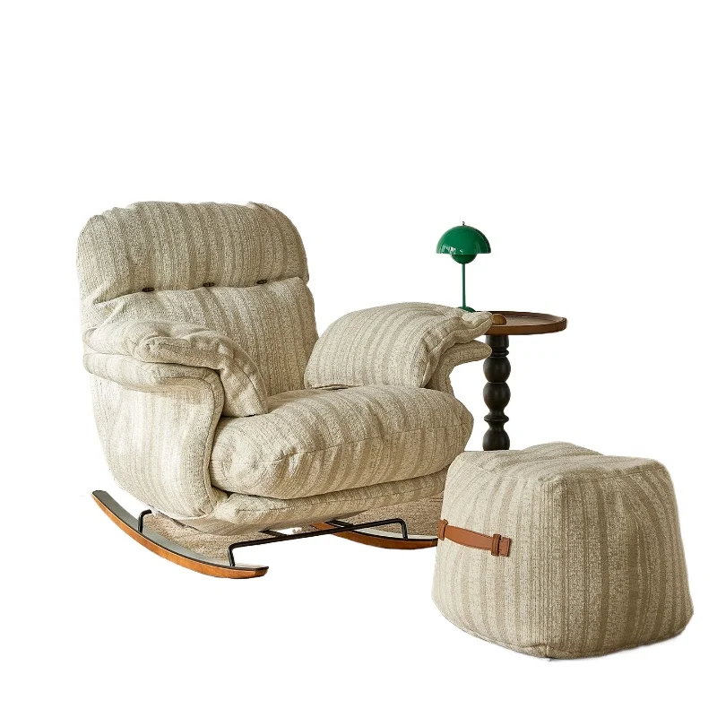 Cream antique cotton and linen single rocking chair, retro casual adjustable lazy sofa recliner