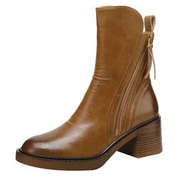 2024 New Versatile Style Retro Ankle Boots High Heels Women Fashion Boot Rubber Leather Autumn Winter New Women's Shoes 34