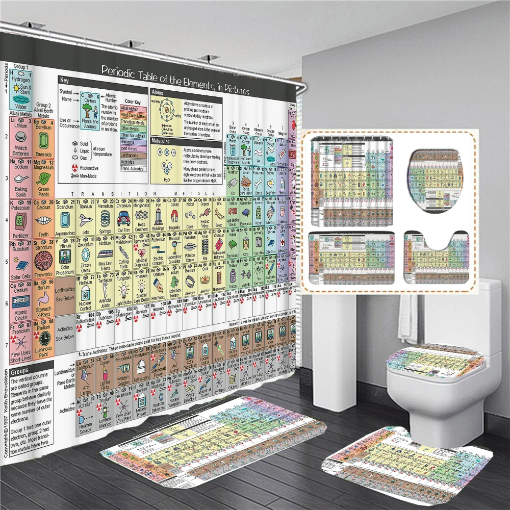 3D Periodic Table of Chemical Element Toilet Cover Bath Mat Sets Print Bathroom Curtain Set Waterproof Fabric Shower Curtains