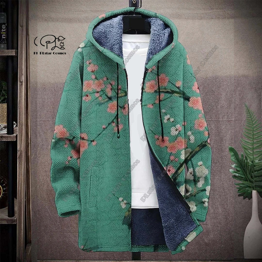 

New 3D printing retro abstract art multi-color winter hooded zipper coat men's women's fleece universal casual warm jacket D-14