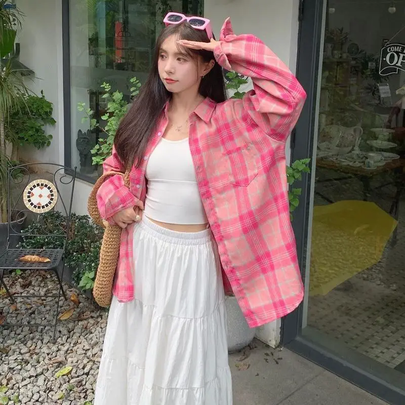 

Pink Plaid Loose Long Sleeve Shirt Women's Spring Autumn Versatile Outerwear Casual Dopaamine Style Open Cardigan Polyester F...