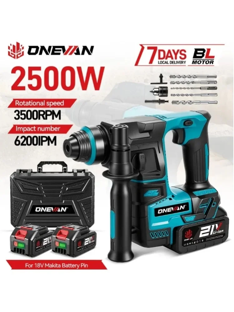 ONEVAN 2500W Bürstenloser Elektrohammer, kabellos, tragbar, Schlagbohrmaschine, multifunktionales Elektrowerkzeug für Makita 18V Akku