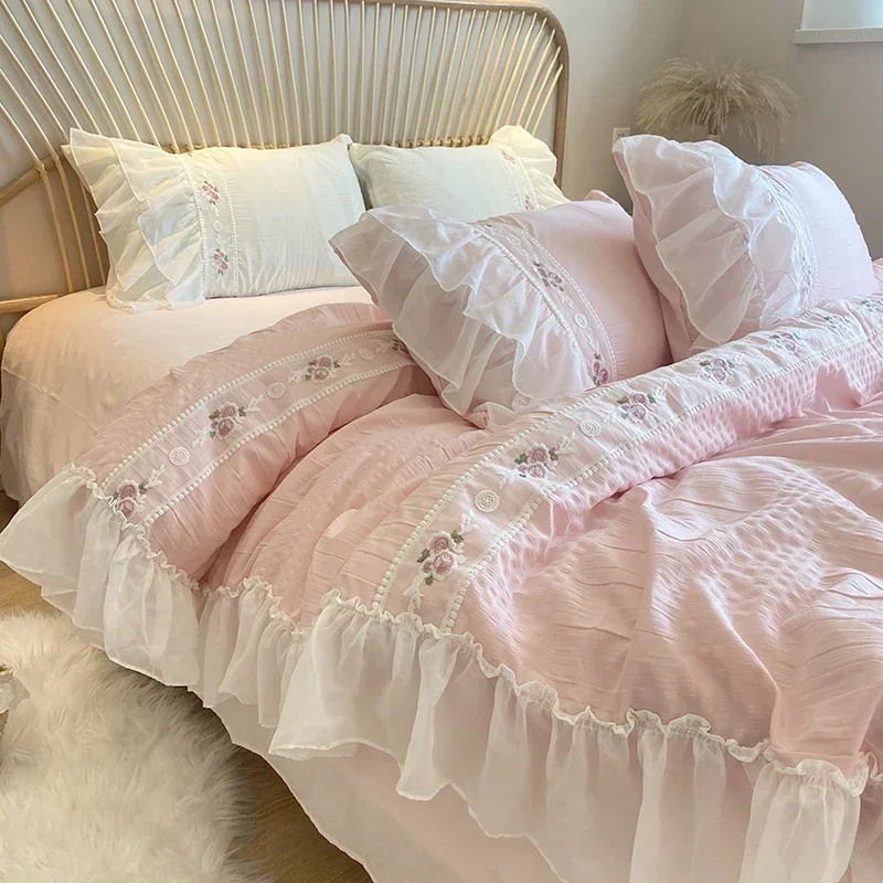 Pink Korean Princess Style Lace Ruffles Wedding Bedding Set Seersucker Washed Cotton Soft Duvet Cover Set Bed Sheet Pillowcases