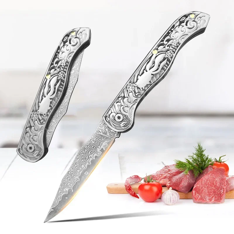 Damascus Knife Folding Knives Cut Meat Paring Fruit Boning Knife Kitchen Knives Damascus Blade Stainless Handle Folding Knives