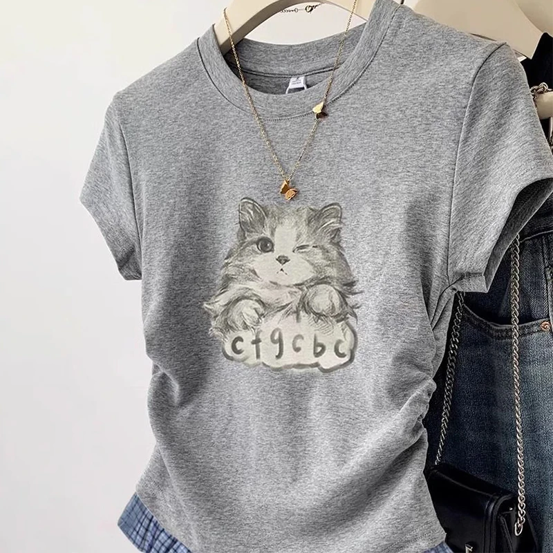 Cute Cat Printed Women Short Sleeve T-Shirt Stylish Plaid Spliced Cropped Tops Fashion Side Shirring Waist Tight Slimming Tees