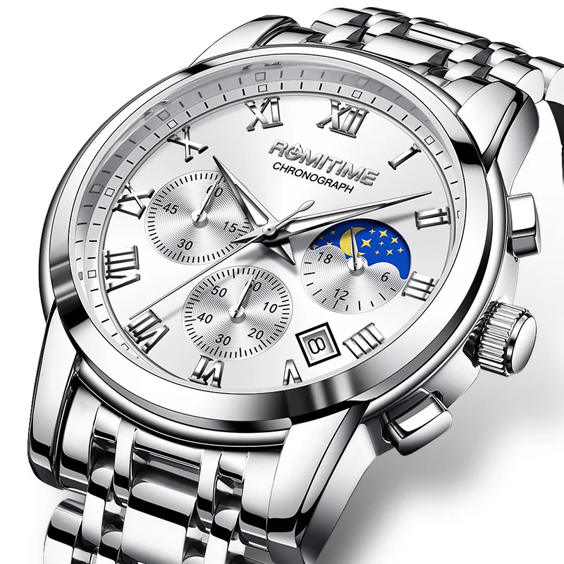 ROMITIME Men's Watch Top Luxury Brand Waterproof Luminous Stainless Steel Business Date Chronograph New Quartz Wristwatch