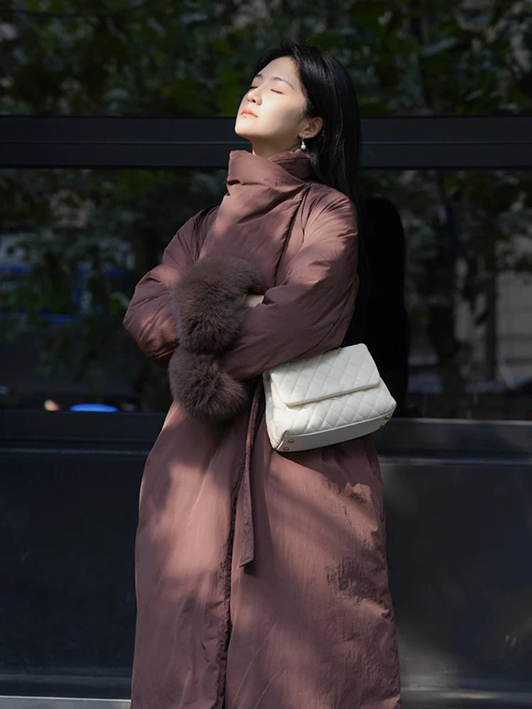 Winter Revers Wollen Mouwen Lange Parker Donsjack Vrouwen Witte Eendendons Lace Up Warm Donsjack Vrouwelijke Knielengte Outwears