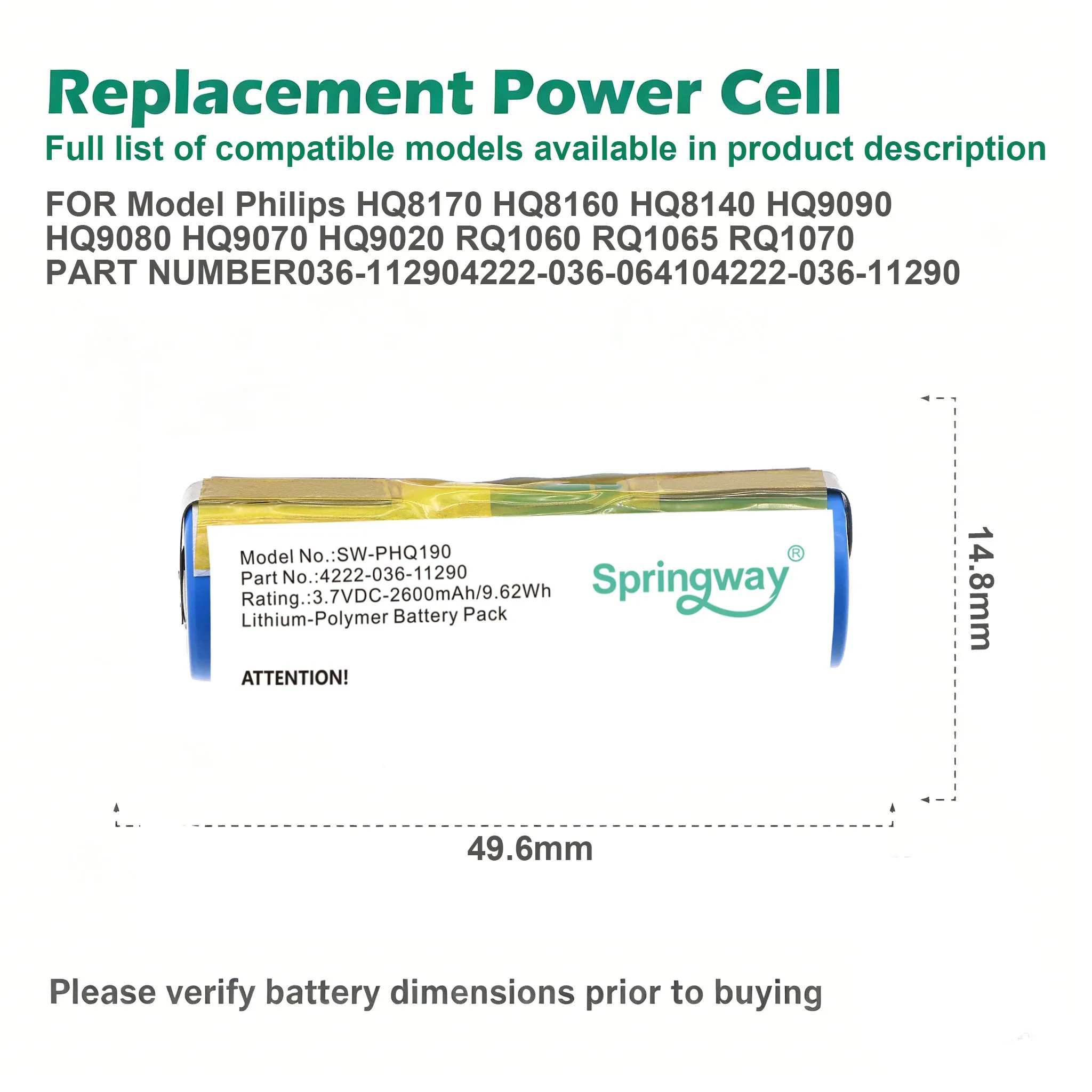 2600mAh Li-Polymer Replacement Battery Part 036-11290 Fits Philips Norelco Shaver & HX Electric Toothbrush Repair Pack