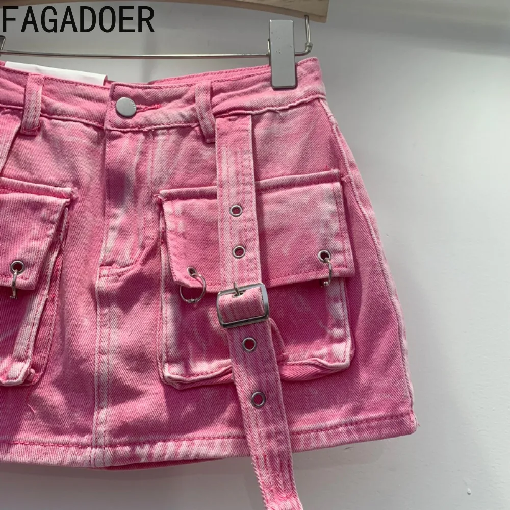 FAGADOER Pink Fashion Y2K Pocket Cargo Mini Denim Skirts Women High Waisted Button A-line Skirt Summer New Female Cowboy Bottoms